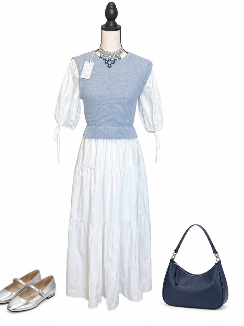 Savannah Taylor Blue Knit White Tiered Maxi Dress NWT XS